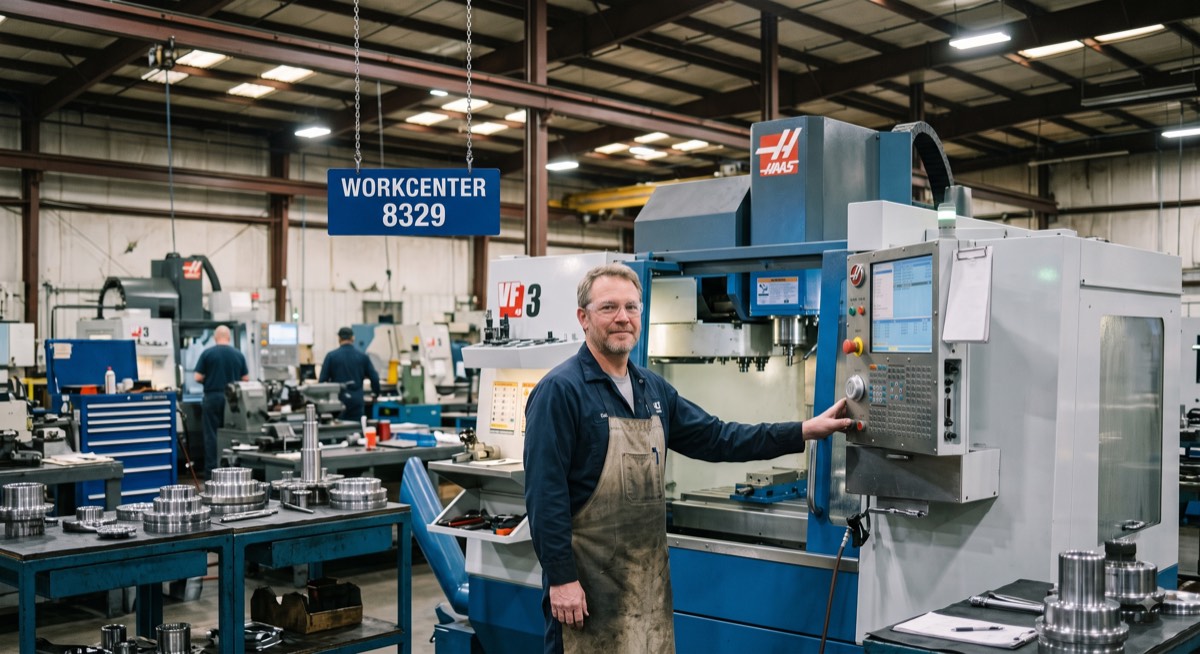 A machine shop floor: an operator standing at the control panel of a CNC mill, with more machines and work centers running behind him